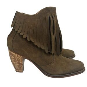 Uppercase Free People Sylvia Olive Suede Fringe Carved Boot Western Cowgirl SZ10